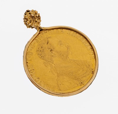 14 kt Gold Münz-Anhänger, GG 585/000, gefasste Münze: 4 Dukaten, Österreich-Ungarn, Franz Joseph I., offizielle Nachprägung, ca. 19.6 g