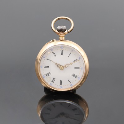 Offene Damentaschenuhr in RG 585/000, Schweiz um 1910, Geh. dell., guill. Rückdeckel m. Monogrammspiegel, Metallcuvette, Emailzifferbl. ...