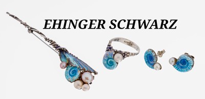 EHINGER SCHWARZ Schmuckset, 925er Silber, "Meeresfrüchte", best. aus: Brosche L. ca. 8 cm, Ring RW 51 und Paar Ohrstecker, Zuchtperlchen, ...