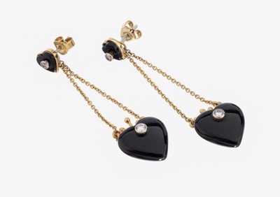 Paar 14 kt Gold Onyx-Brillant-Ohrstecker, GG 585/000, herzf. Onyx-Stecker, bewegl. abnehmbare Abhängung mit Onyx-Herzen, 4 Brillanten zus. ca. 0.25 ...