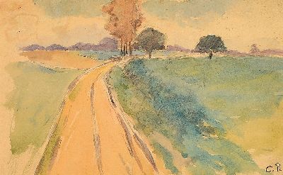 Camille Pissarro, 1830-1903, "Paysage", rurale Landschaft mit in die Tiefe führendem, von Bäumen gesäumtem Feldweg, Aquarell über ...