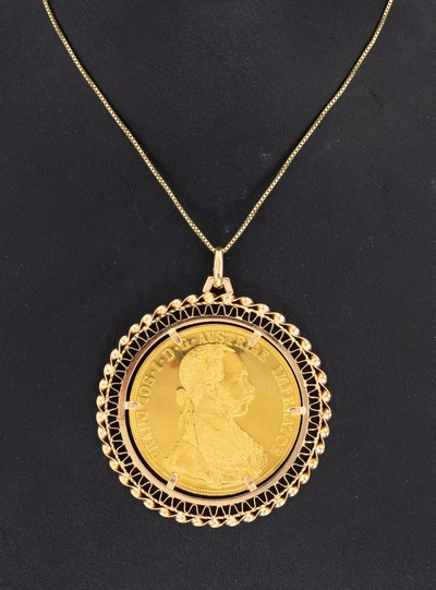18 kt Gold Münz-Anhänger, GG 750/000, lose gefasste Goldmünze, 4 Dukaten, Franz-Joseph I., 1915 offizielle Nachprägung, Fassung durchbrochen, D. ...