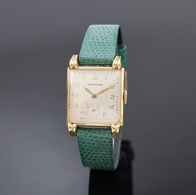 LONGINES 14k Goldfilled Armbanduhr, Schweiz/USA um 1948, Handaufzug, Boden aufgedr., tropfenförmige Bandanstöße, silb. Zifferbl. rest., arab. ...
