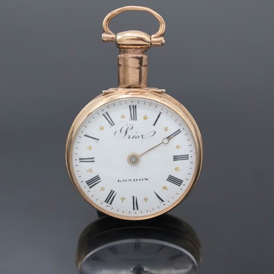 PRIOR London vergoldete Spindeltaschenuhr, um 1820, Schlüsselaufzug, glattes Geh., Übergeh. fehlt, Emailzifferbl., röm. Zahlen, verg. Werk m. ...