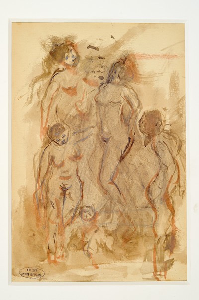 Andre Derain, 1880-1954, Baigneuses, recto: Figurengruppe männlicher und weiblicher Badender, Bleistift und Tusche aquarelliert, verso: liegender ...