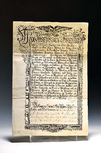 Mandat mit Urkunde: Joseph II. Kaiser des Hl. Römischen Reichs (1741-1790), datiert 1784, Rahmen und Titulatur gedruckt, handschriftlichausgefüllt ...