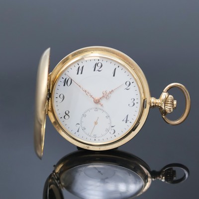 Savonette Herrentaschenuhr in RG 585/000, Schweiz um 1910, guill. 2-Deckel Goldgeh., Emailzifferbl. m. arab. Std., verg. Cuv., verg. Brückenankerw., ...