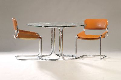 Vintage Sitzgruppe bestehend aus 6 Freischwinger-Stühlen und einem Glastisch, verchromtes Stahlrohrgestell, Stühle mit mit braunem Leder bezogen ...