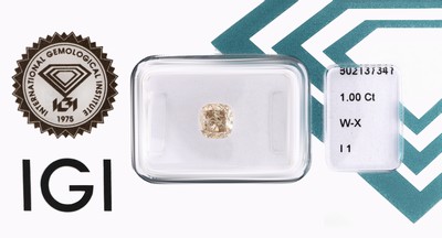 Loser Diamant im Cushion-Cut, 1.00 ct Light Brown (W-X)/p1, verschweißt, IGI Expertise
