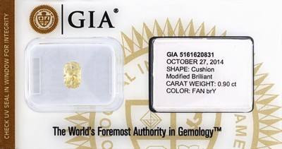 Loser Diamant im Cushion-Cut, 0.90 ct Natural Fancy Brownish Yellow, verschweißt, GIA Expertise