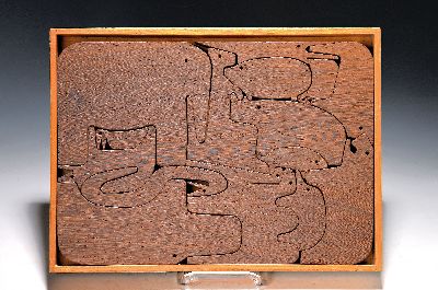 Enzo Mari, Designspielzeug, Puzzle, 16 Animali, Selecta Spielzeug, Holz, Danese Milano, Entwurf 1957, Made in Germany, Etikett bez. ca. 3 x 36 x 26.7 ...