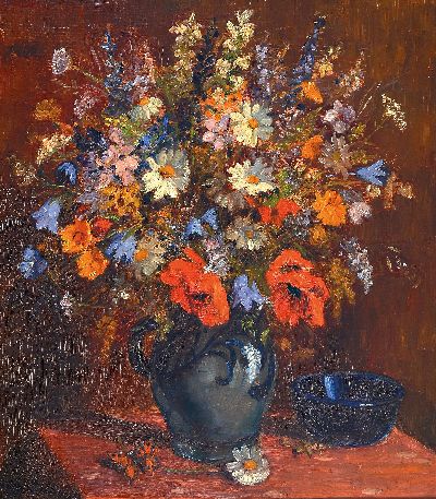Herman Herterich, geb. 1874 Frankfurt/M., Schüler Hasselhorsts, Blumenstillleben in Steinzeugvase, Öl/Lwd, li. u. signiert, ca. 58 x 51.5 cm, ...