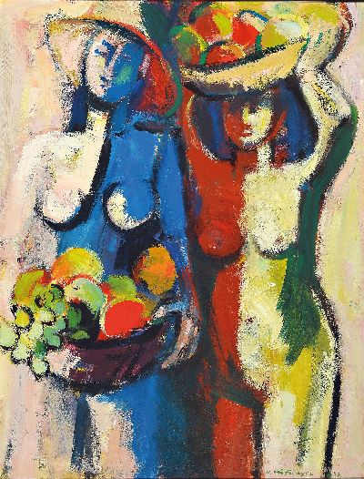 Karl Hufnagel, 1906 Harthausen-1995, zwei Mädchen mit Früchten, Öl/Hartfaser, rechts unten signiert und dat. 1977, ca. 80x60cm, R. ca. 84x66cm