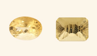 Konvolut 2 lose Citrine, 1 x ca. 14.18 ct, ovalfacett., ca. 18.20 x 13.19 x 10.90 mm 1 x ca. 13.99 ct, oktagonaler Fantasieschliff,ca. 17.85 x 13.0 ...