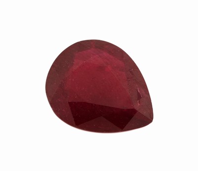 Loser Rubin, ca. 8.10 ct, facett. Tropfen, ca.14.79 x 12.36 x 5.49 mm, Purplish Red, Reinheitsbehandlung, Bleiglasfüllung, AGL- Expertise anbei