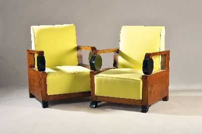 Pair of Art Deco armchairs or club chairs, around 1920/30s, walnut, light yellow fabric covers on the secondary, geometric style elements partly ...