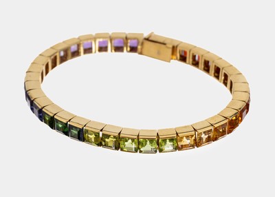 18 kt Gold Regenbogen-Armband, GG 750/000, versch. Farbstein-Carrees von guter Qualität, Amethyst, Iolith, Turmalin, Peridot, Citrin, Granat zus. ...