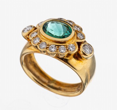 18 kt Gold Turmalin-Brillant-Ring, GG 750/000, qualitätvolle Verarbeitung, mittig ovalfacett. Turmalin ca. 5.0 ct, Stein min. besch., 14 Brillanten ...