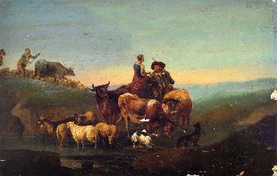 Zuschreibung: Nicolaes Pietersz. Berchem, 1620 Haarlem-1683 Amsterdam, italianisierende Landschaft mit Hirtenpaar und Vieh an der Furt, Landschaft in ...