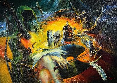 Rimantas Dauginitis, 1944 Baubliai-1990 Budapest, surrealistische Komposition, rechts unten signiert und datiert 1988, Öl/Lwd, ohne Rahmen, 84x116 ...
