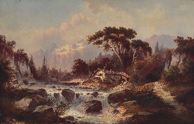 Unbekannter Künstler des fortgeschrittenen 19 .Jh., 2 Pendants: Voralpenlandschaften, Wasserläufe mit bäuerlichem Gehöft vor Bergpanorama, ...
