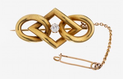 14 kt Gold Diamant-Brosche um 1890, GG 585/000, 1 Altschliff-Diamant ca. 0.15 ct Weiß/si, Sicherheitskettchen, kl. Delle, B.ca. 3.5 cm, ...