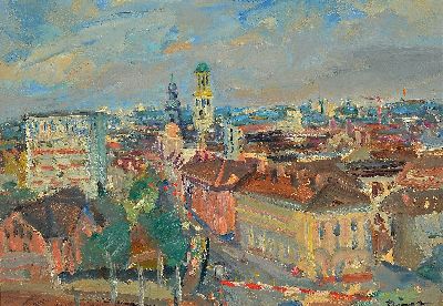 Rigo Schmitt, 1927 Hirschhorn am Neckar-1988 Reichelsheim, Panorama eines süddeutschen Stadt, rechts unten signiert, Öl/Lwd, 55x70 cm, Rahmen 58x73 ...