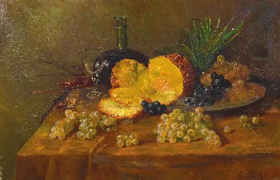 Th. Schulze, 19.Jh., Stillleben mit Ananas, Trauben und Weinkaraffe, rechts unten signiert, Öl/Lwd, 65x100 cm, massiver Masserahmen mit ...