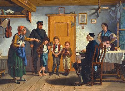 Unbekannter Genremaler um 1900, wohl Tschechien, Interieur mit Figurengruppe, 3 Knaben werden der Tierquälerei bezichtigt, unsigniert, Öl/Lwd, ...