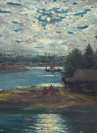 W. Ehrenburg, Künstler des 19.Jh., Vollmondlandschaft, Paar slawische Soldaten stellen einem nordischen Schiff nach, rechts unten signiert und ...