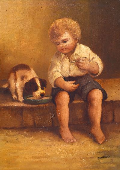 Denes Mesterhazy, um 1900-1949, ungarisch, ein Knabe teil sein Mahl mit einem Welpen, rechts unten signiert, Öl/Lwd, 70x50 cm, Rahmen 86x66 cm, ...