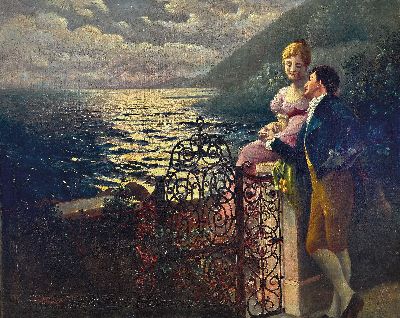 Alfred Wessely, datiert 1917, galantes Paar vor Küstenlandschaft im Mondenschein, links unten signiert und datiert, Öl/Lwd, verso mit persönlicher ...