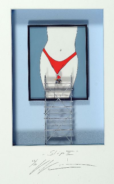 Volker Kühn, geb. 1948, "Slip II", 3D-Objektim Objektkasten hinter Glas, Ed. 47/50, bez. und handsigniert, 23x16 cm, Rahmen 51x43 cm