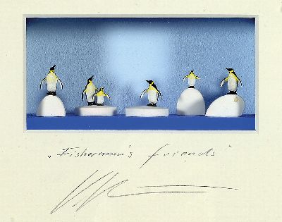 Volker Kühn, geb. 1948, "Fisherman´s friends", 3D-Objekt im Objektkasten hinter Glas, bez. und handsigniert, 5x10 cm, Rahmen 26x29 cm