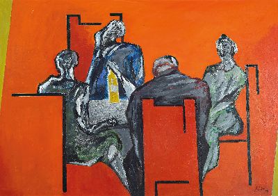 Gerd Jähnke, 1921-2005, Figurenkomposition auf orangefarbenem Grund, rechts unten signiert und datiert 1999, Öl/Lwd, Rahmen 86x117 cm, Etikett der ...