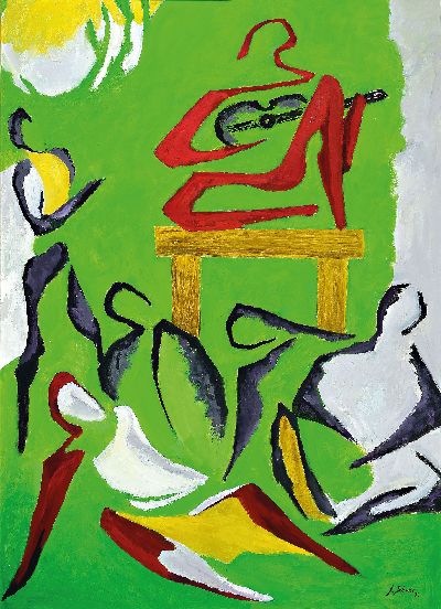 Gerd Jähnke, 1921-2005, Figurenkomposition auf grünem Grund, rechts unten signiert und datiert 1994, Öl/Lwd, Rahmen 113x82 cm