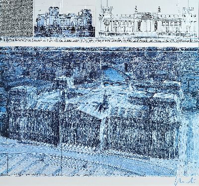 Christo, 1935-2020, Farboffset zum Projekt "Wrapped Reichstag (Project for Berlin), 1994", rechts unten handsigniert in blau, unter Glas ...