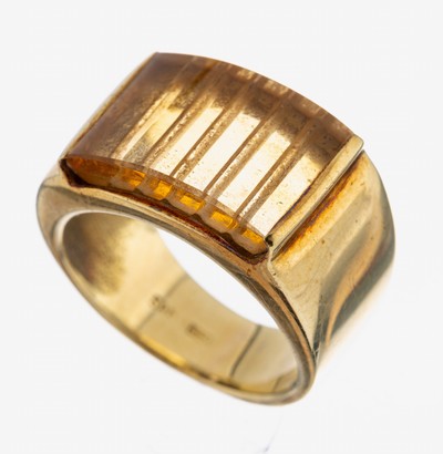 14 kt Gold Citrin-Ring, GG 585/000, schlichte Gestaltung, eingeschliffener Citrin ca. 4.00 ct, RW 49, ca. 7.6 g