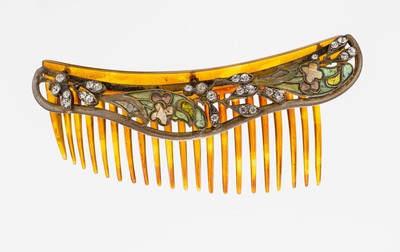 Haarkamm mit Fensteremail, Jugendstil, um 1900, Metall verg., geschwungen floral, farblose Strassbesatz, Fensteremail in grün, rot und gelb, B. ca. ...