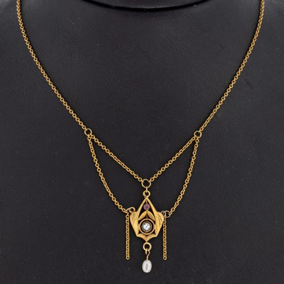 Jugendstil Perl-Collier, um 1900, Metall verg., geometrisch florales Mittelteil mit kl.bewegl. abgehängten Perle, L. ca. 42.5 cm, ...