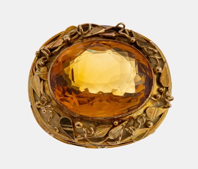 14 kt Gold Citrin-Brosche, 1950er Jahre, GG585/000, qualitätvolle Verarbeitung, ovalfacett. Citrin ca. 60.0 ct, Rahmung mit aufgelegten ...