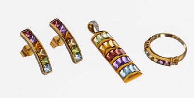 18 kt Gold H.STERN Farbstein-Schmuckset, GG750/000, best. aus: 1 Anhänger, 24 Farbstein- Baguettes, Peridot, Citrin, Granat, Amethyst und Blautopas ...