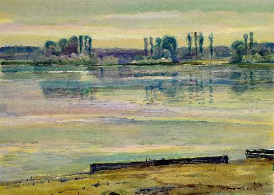 Werner Brand, 1933 Löbau-2021 Hochstadt, 2 Aquarelle von 2006, beide sign., Landschaften am Altrhein, je ca. 39x51cm, PP, u.Gl., R. ca. 64x84cm