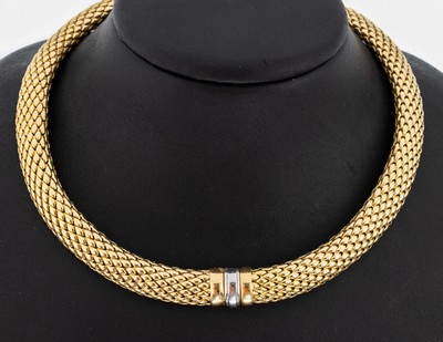 18 kt Gold Collier, GG/WG 750/000, qualitätvolle Verarbeitung, Flechtcollier, B. ca. 1.2 cm, L. ca. 37.5 cm, Kastenschloss mit Sicherheitsbügel, ...