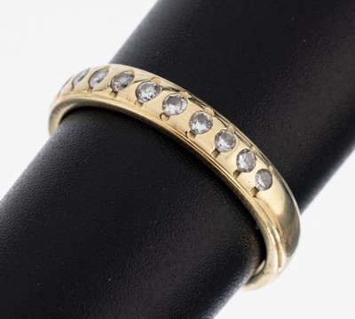 14 kt Gold Diamant-Ring, GG 585/000, 7 Brillanten und 6 8/8-Diamanten zus. ca. 0.25 ct Weiß/si, RW 56, ca. 4.1 g, pers. Inschrift