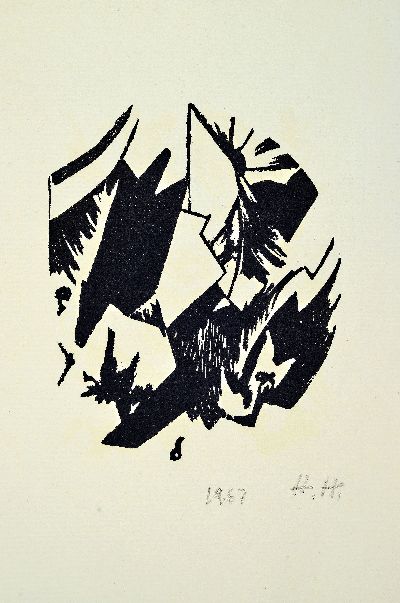 Hannah Höch, 1889-1978 Berlin, Linolschnitt, monogrammiert, dat. 1967, Titel: Sonnenaufgang, ca. 21,15,5 cm