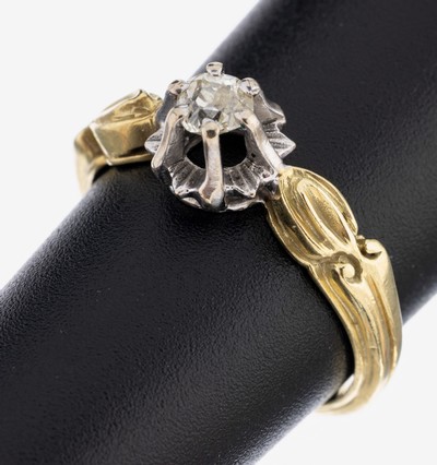 14 kt Gold Diamant-Ring, GG/WG 585/000 gepr., in WG gefasster Altschliffdiamant ca. 0.23 ct l.get.Weiß/p, RW 54, ca. 4.0 g