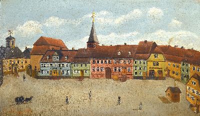 Lorenz Danz, 1856 Dieburg, Ansicht des Marktplatzes zu Dieburg von 1884, links unten signiert und datiert, Öl/Karton, 70x43 cm, Rahmen 74x47 cm