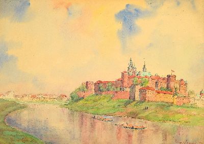 Eugen Vinnai, 1889 Ötisheim- 1961 Chiemsee, Blick auf Krakau mit Wawel-Schloss, Aquarell, unter Glas gerahmt 44x56 cm