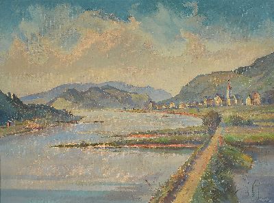 Erich Sauter, 1905-2001, "Mosellandschaft (Merl)", verso auf altem Etikett bez., rechts unten signiert, Öl/Lwd, 60x80 cm, Rahmen 70x90cm